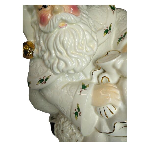 Holly Holiday Santa Claus Cookie Jar Large Ceramic Bag of Toys Holly Trim - Picture 3 of 13